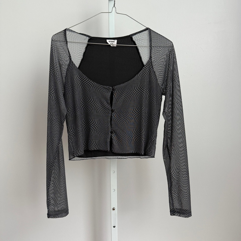 Cotton On Y2K baby Tee cropped Mesh Button Up‎ Crop Top Gray size M